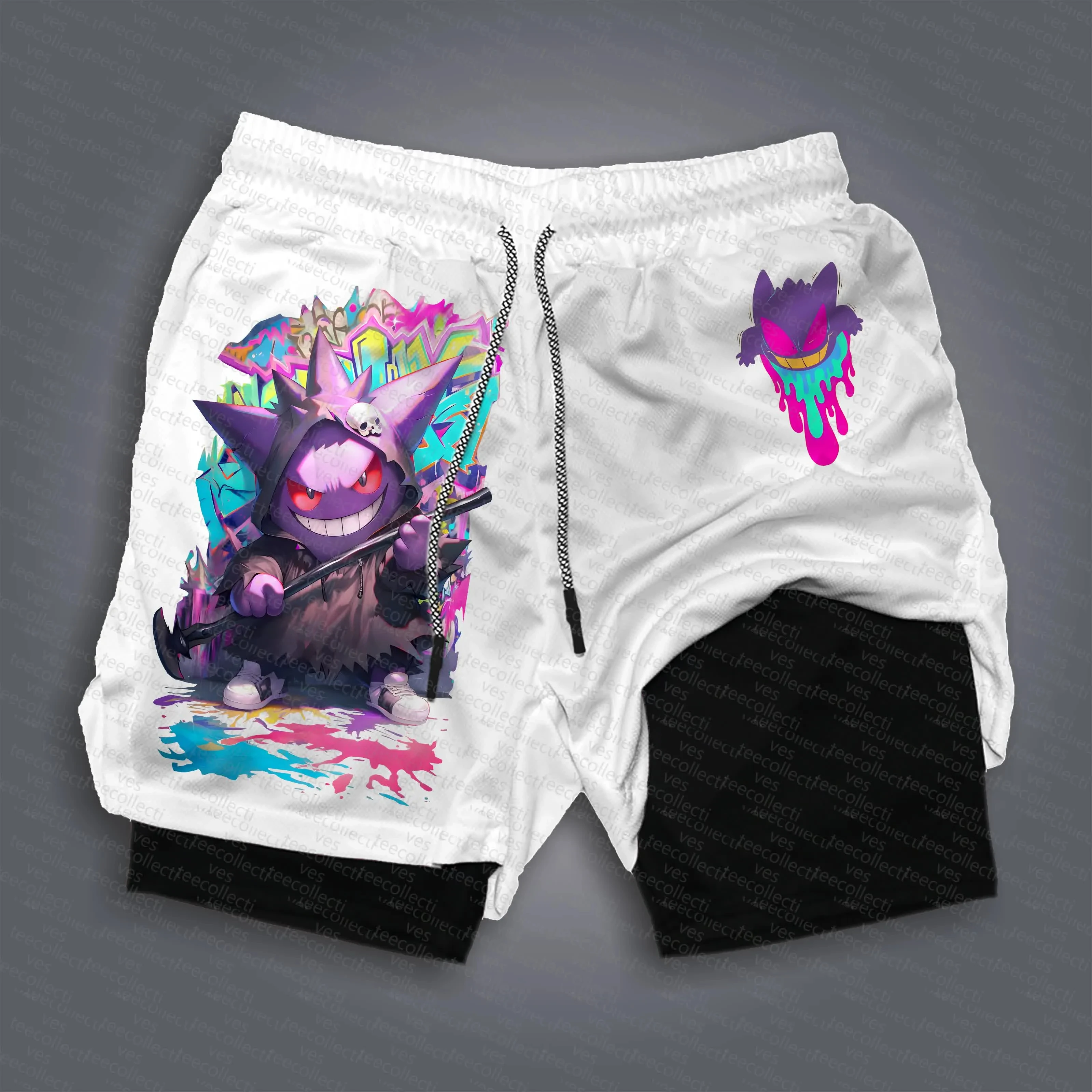 pokemon-gengar-shorts-masculino-algodao-calcas-esportivas-2025-verao-grafico-bottoms-base-branca-perna-esquerda-gengar-com-acessorio-de-cranio