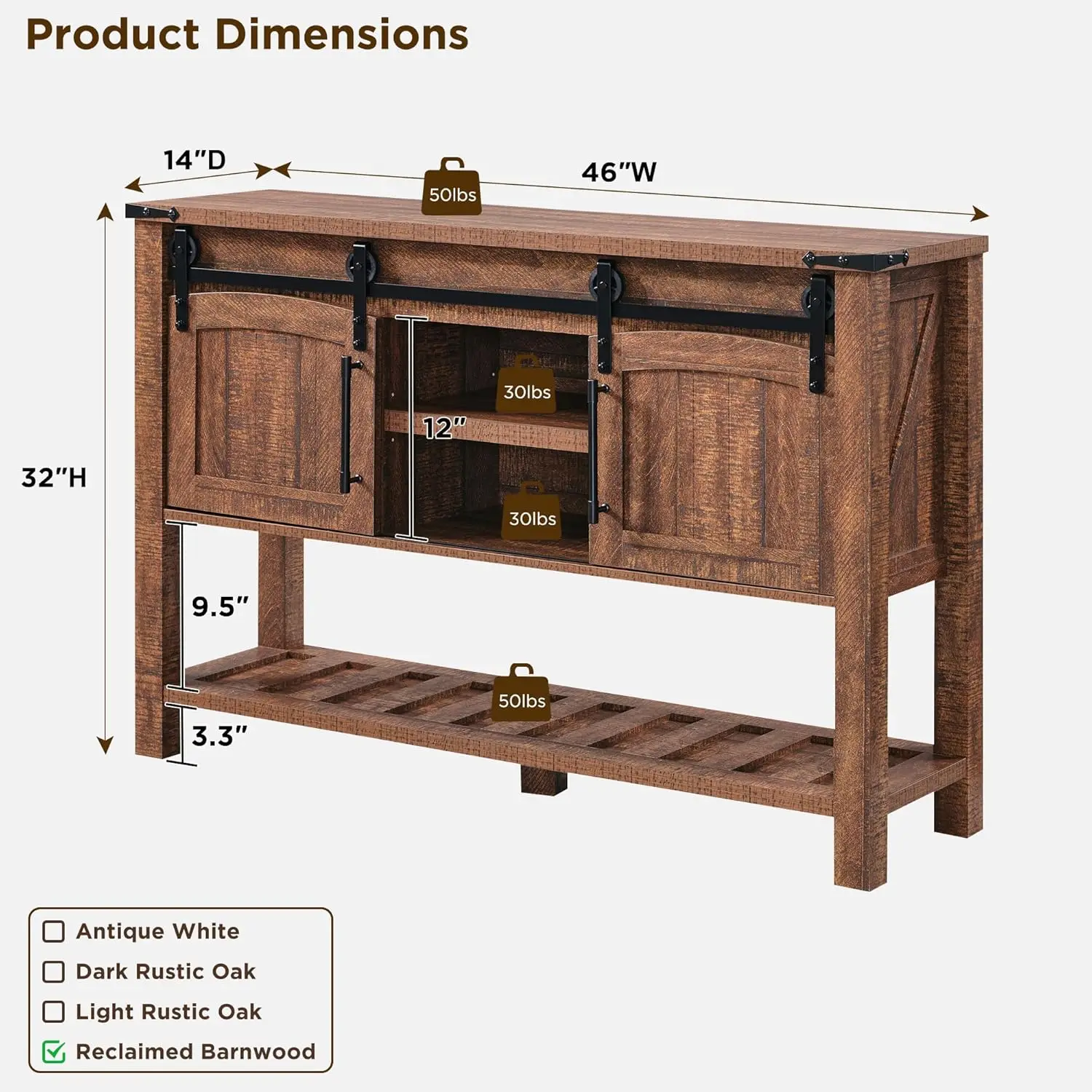 Okd Farmhouse Entryway Table With Sliding Arch Doors, 46"" Rustic Console Table With Adjustable Shelf & Open Shelf Space, Wood