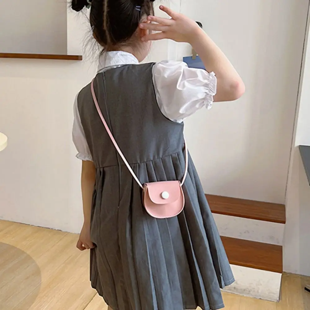 Fashion PU Leather Cross Body Bag Plain Colored Korean Style Shoulder Bag Mini Cute Chain Purse Child Girls