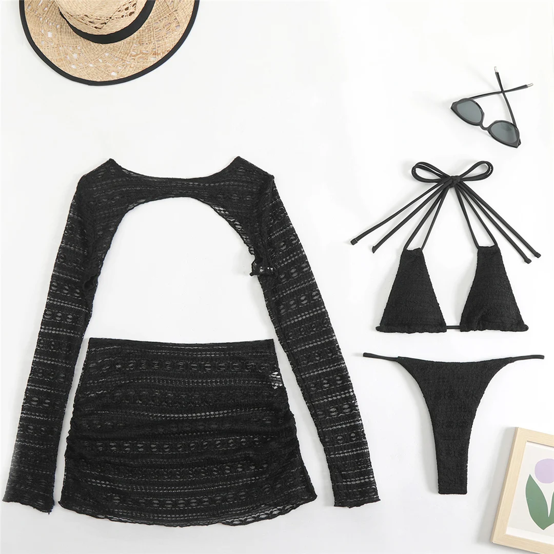 4-teiliges Halter-Bikini-Set mit Rock, langärmeligem Oberteil, Damen-Badeanzug, Damen-Bademode, Badebekleidung, Badeanzug, Schwimmanzug V6339 – Detail 27