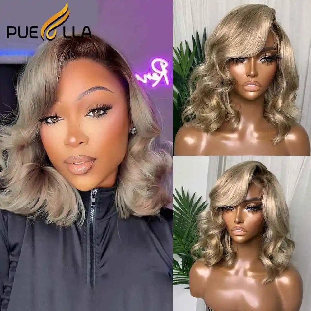 250% Ombre Beige Bronde 13x4 Lace Front Wig Brazilian Human Hair Preplucked Short Transparent Loose Body Wave Frontal Wigs