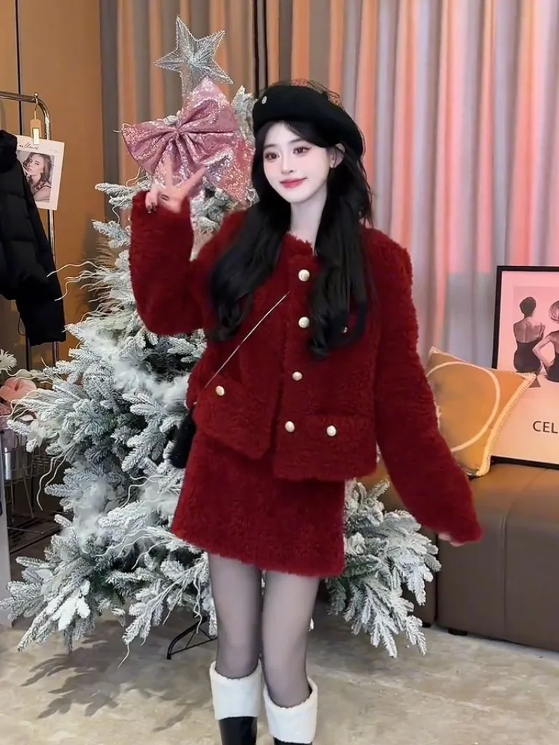 Christmas Sweet Plush Coat Skirt Two piece Set Women Fashion Soft Glutinous French Celebrity Single breasted Red Thicken Suit