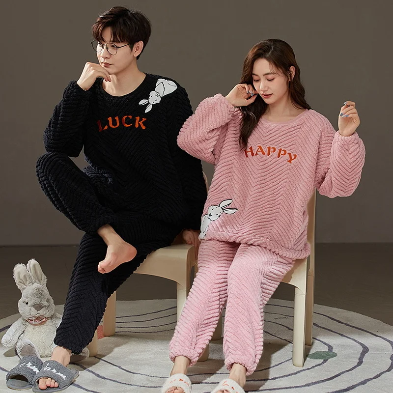 Autumn Winter Men\'s and Women\'s Pajamas Thickened Coral Fleece Pullover Warm Winter Plush Sleepwear Men\'s Home Clothes