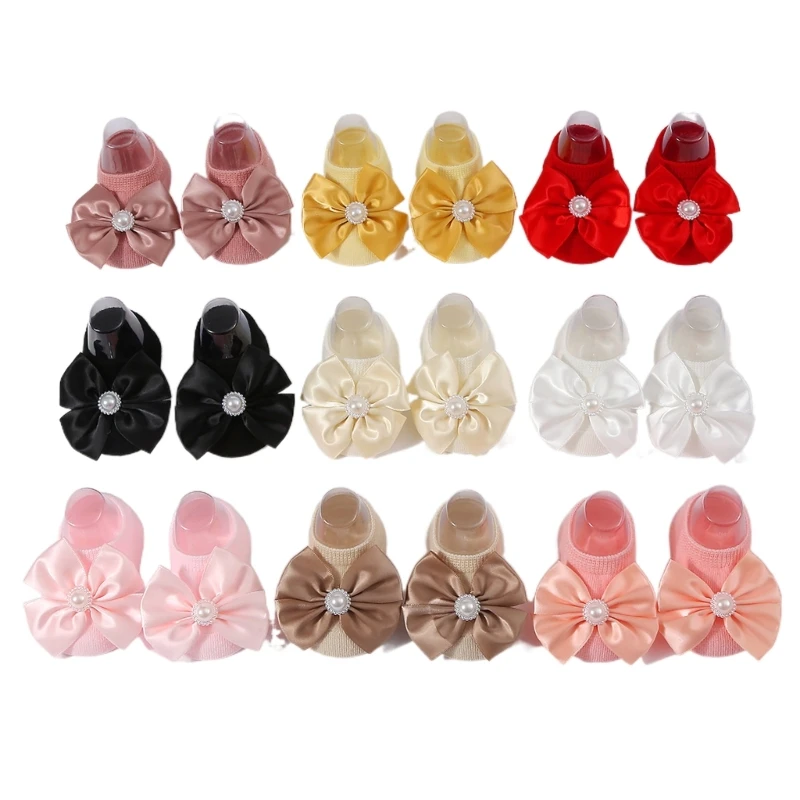 Pearl Bowknot Floor Socks Soft Knitted Cotton Infant Socks Crawl Learning Socks QX2D