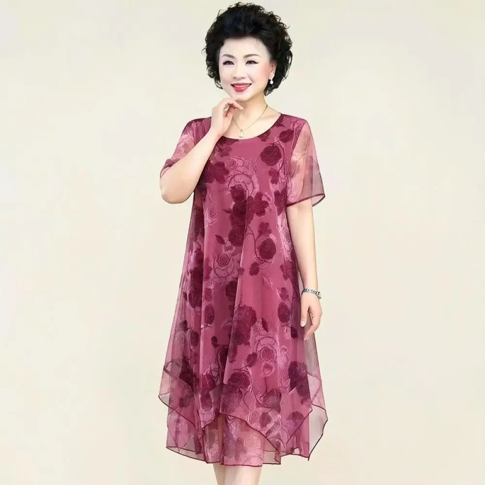 Summer Floral Mesh Dress Women Plus Size Elegant Loose Fit Short Sleeve A Line Midi Dresses Casual Breathable Apparel