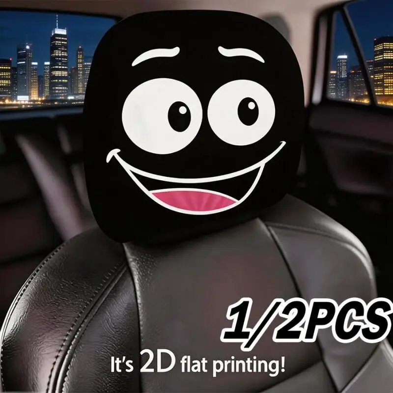 

1/2PCS White Mismatched Eyes Car Headrest Covers 2D Double-Sided Print Funny Auto Interior Decor For Most Vehicles