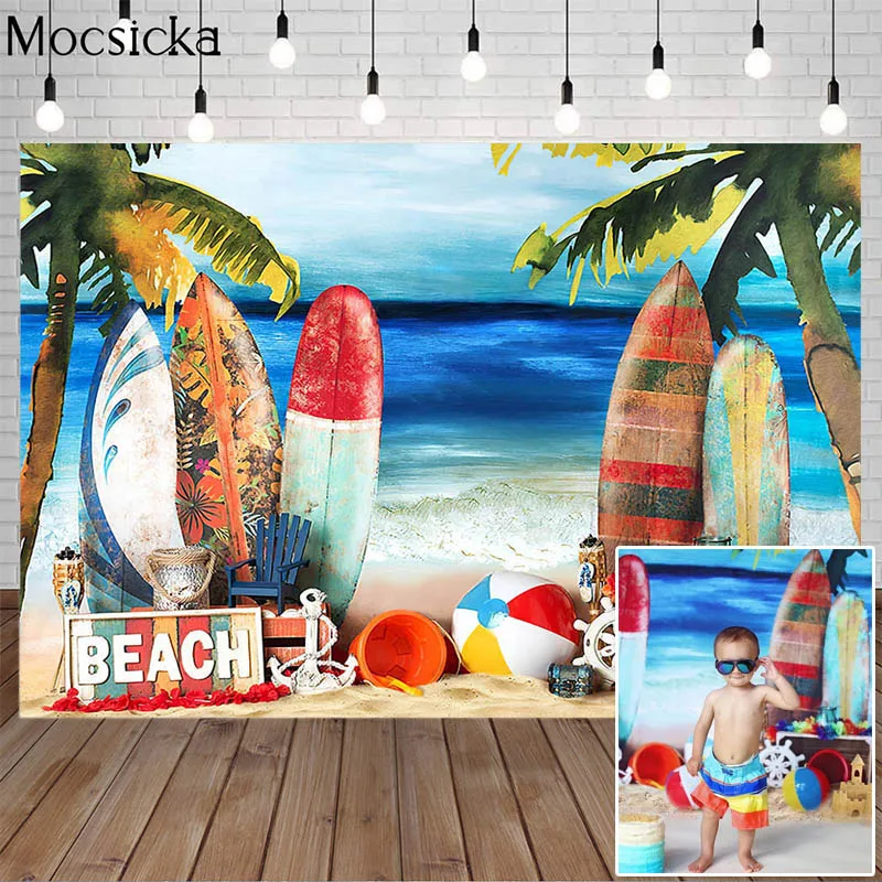 Фон для фотосъемки с изображением летней вечеринки серфинга тропического песка пляжа доски праздника детского дня рождения торта разбитог...