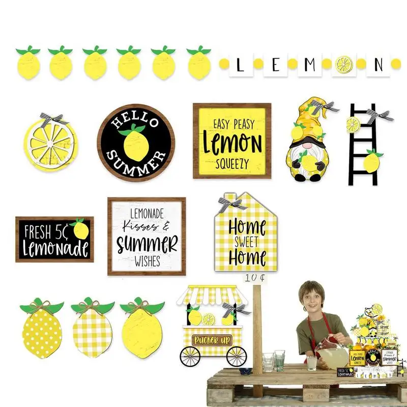 

Tray Summer Lemon Sign 19pcs Tiered Tray Wooden Sign With Lemon Theme Farmhouse Reusable Theme Party Centerpiece For Fireplaces