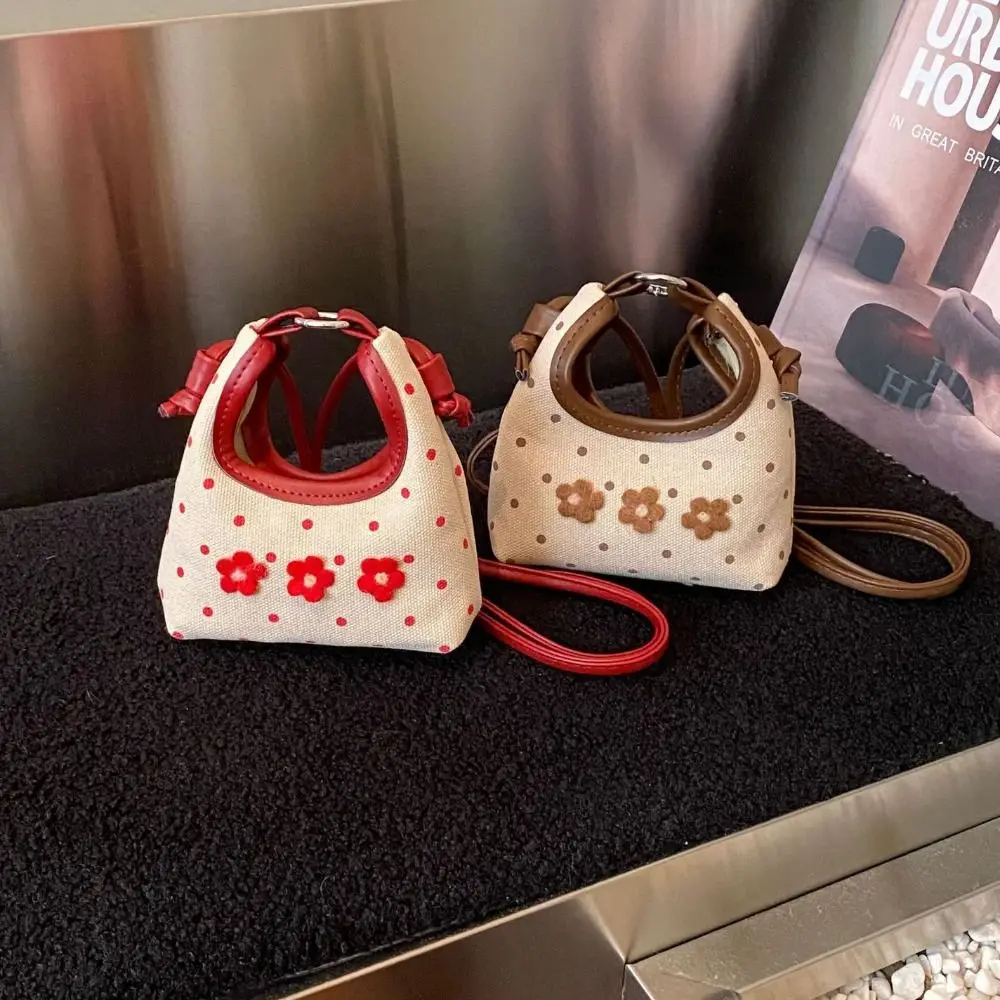 

Fashion Korean Style Flower Handbag Polka Dot Pu Leather Mini Crossbody Bag Soft Sweet Bucket Bag Daily