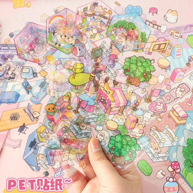 10in1 Cartoon Landscape Sticker Book Cabin 2D Scene DIY Sticker Collection Festival Birthday Gift Present for Kid Child