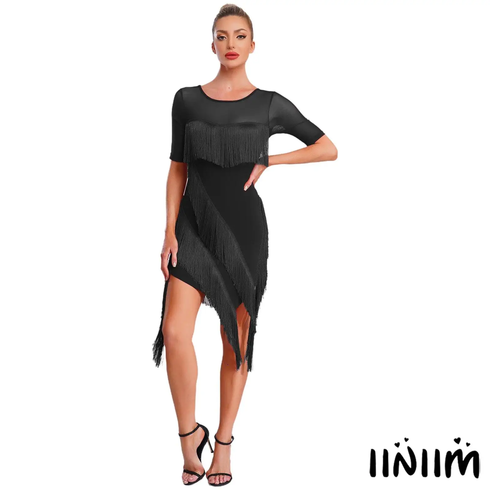 Dames Tango Latin Dancewear Kwastje Onregelmatige zoom Korte mouw Tango Salsa-jurk met veiligheidsshorts Set voor Jazz Modern Dance