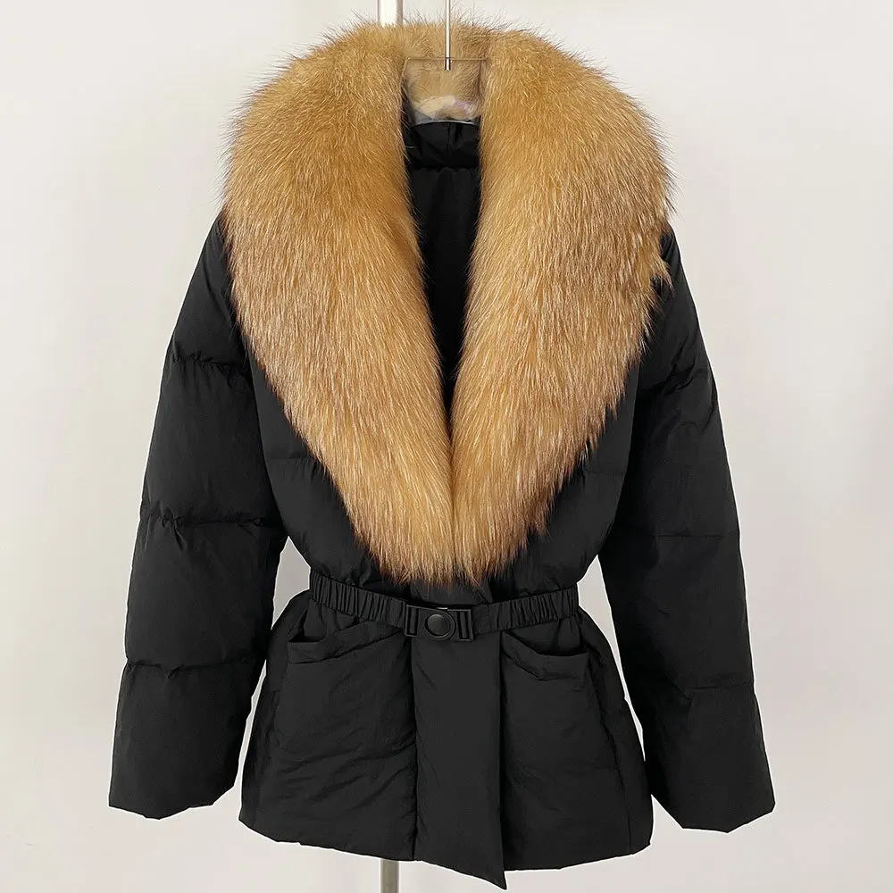 

2025 New Large Warm Real Natural Fox Fur Coat Women White Duck Down Jacket Winter Lace-up Waist Fluffy Parka Loose Puffer Jacket