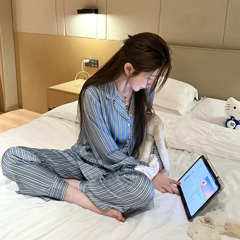 26 Spring Summer Stripe Cute Pony Print New Women Girl Student Pajamas Ice Silk 2piece Set Long Sleeve Pants Nightgown Sleepwear