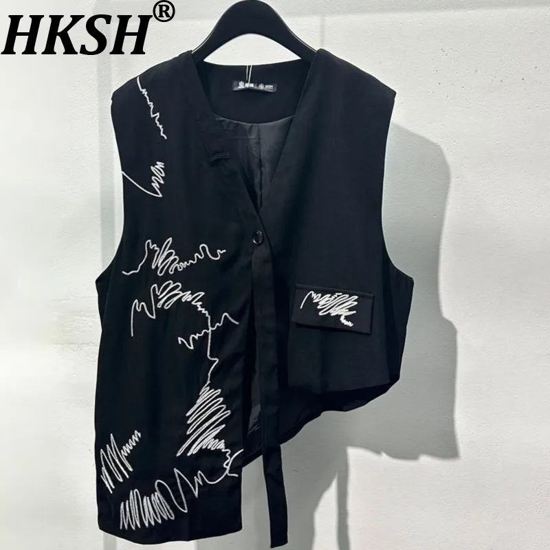 

HKSH весна осень новый мужской темный стиль дизайн нишевый жилет с вышивкой свободная нерегулярная куртка без рукавов повседневный жилет HK13624