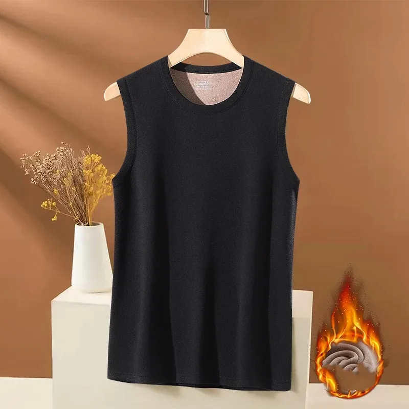 Men's Autumn Winter Solid Round Neck Pullover Sleeveless Flocking Undershirt Tank Fashion Casual Warm Office Lady Vintage Tops