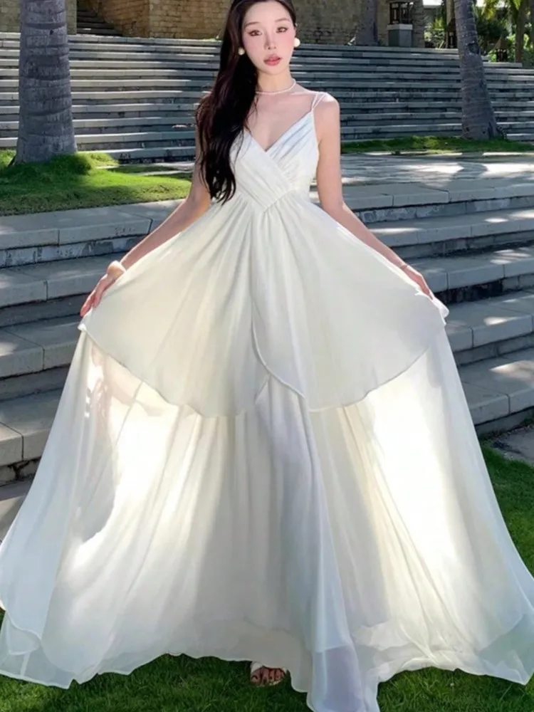 

Summer Elegant White Luxury Backless Strap Dress Women Vintage V neck Korean Casual Birthday Evening Party Princess Dress Ladies