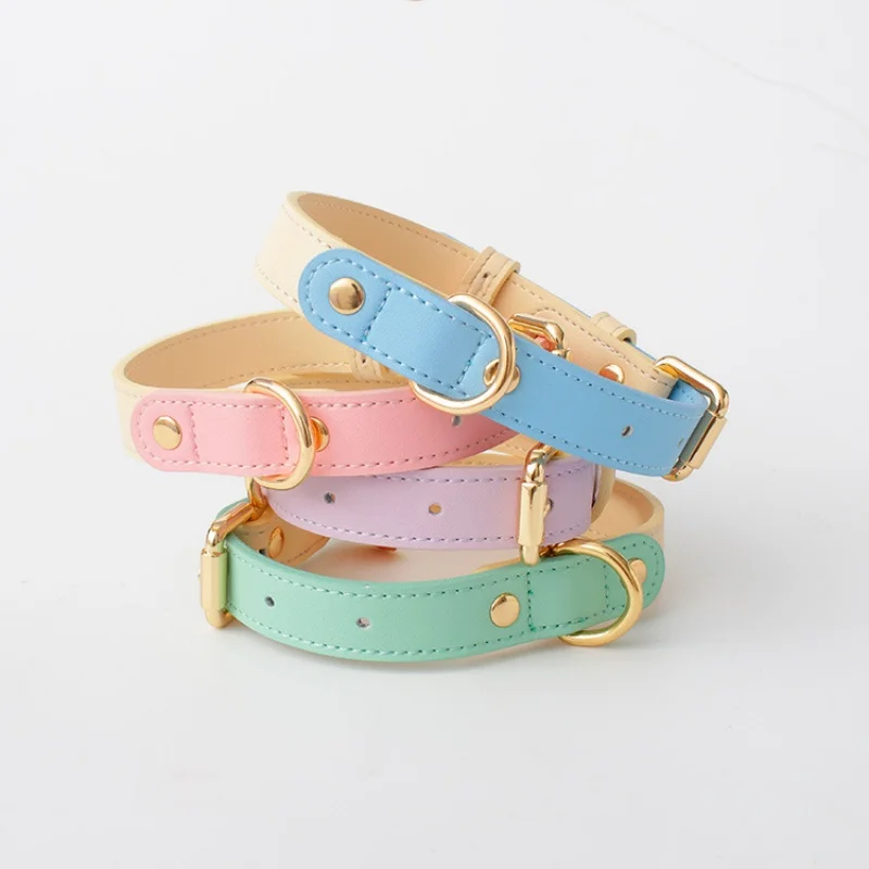 Leather pet collar for cat and dogs color blocking design leather dog collar with leash set waterproof luxury outdoor pet rope