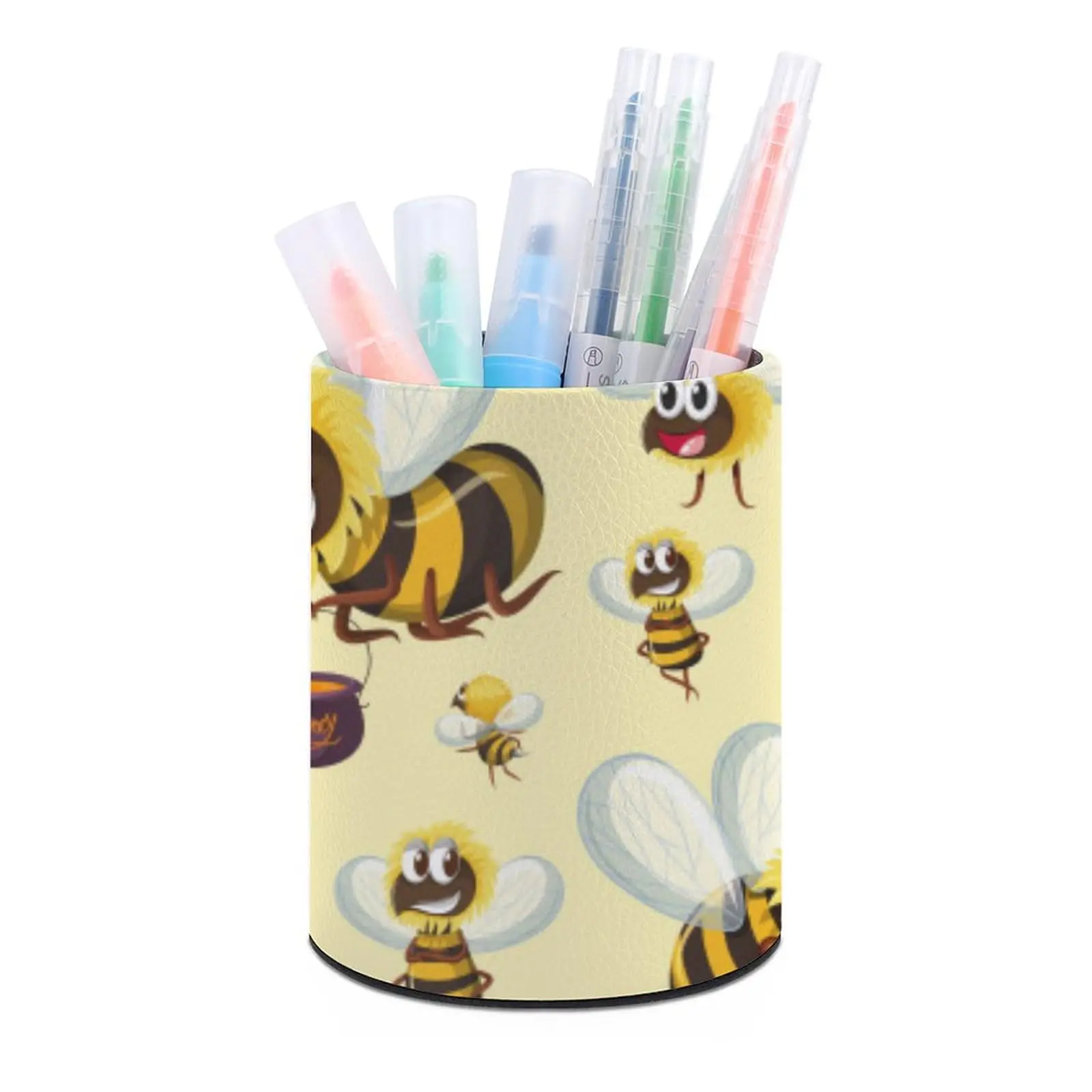 Bees Pattern PU Pencil Pen Holder Stationery Container Desk Organizer Storage Box for Home Office Woman Makeup Brush Holder