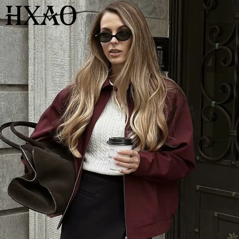 

HXAO Autumn Red Women Jacket Zipper New in coats Long Sleeve Burgundy Jacket Set Fashion Demi-season Jacket for Women Skirt Set