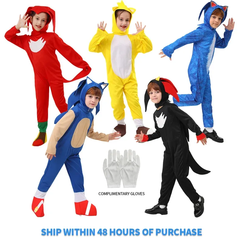 

5 Colors Halloween Boys Girls Bodysuit Kids Cosplay Disguise Costume Sonics Anime Cartoon Jumpsuit with White Gloves Giftts