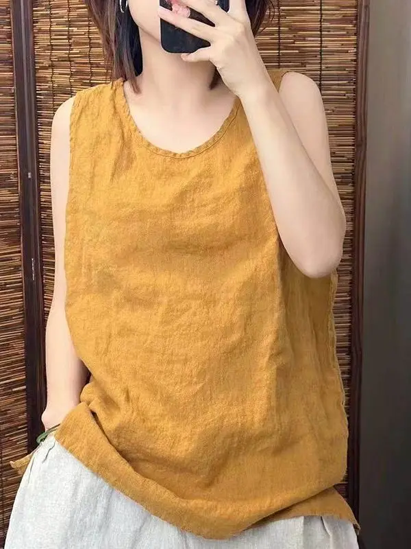 

Новая летняя женская свободная майка-топ из хлопка и льна больших размеров, без рукавов, визуально стройнящая, в повседневном стиле