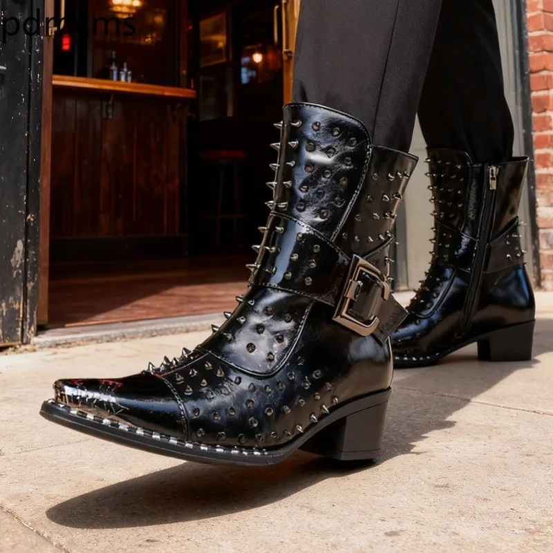 High End Men's Shoes Fashion Rivet Comfortable Short Boots Spring New High-heeled Knight Boots for Men Belt Buckle Shoes Zapatos