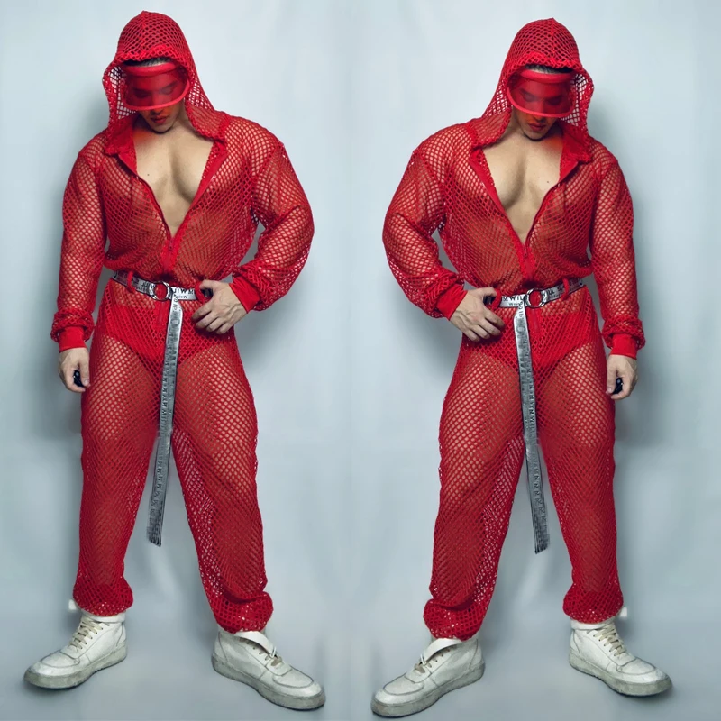 

Sexy Pole Dance Costume Men Red Red Hollow Hooded Jumpsuits Bar Nightclub Dj Ds Gogo Clothing Stage Show Rave Outfit XS5440