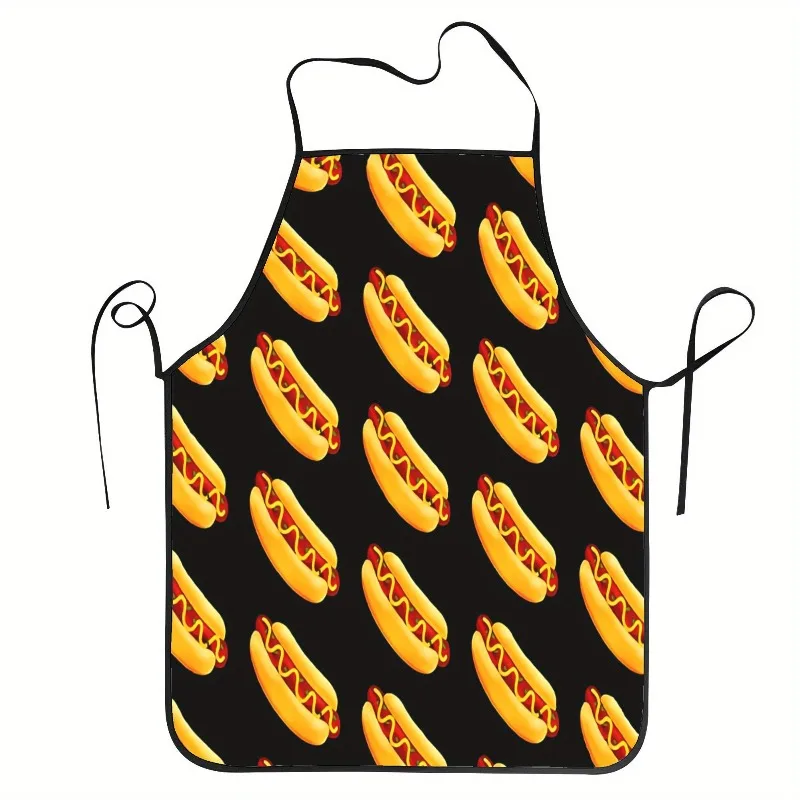 Funny Hot Dog Pattern Apron, Fast Food Graphic Cooking Bib, Retro American Snack Kitchen Decor, Novelty Gift for Men Dad