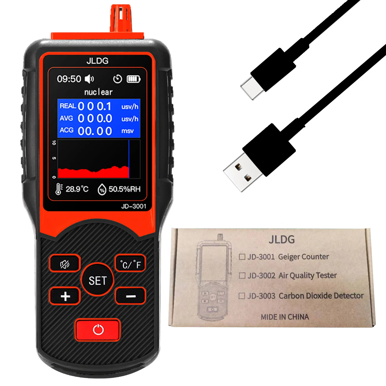 

JD-3001 Radiation Dosimeter Geiger Counter Nuclear Electromagnetic Radiation Detector Meter Temperature And Humidity Measurement