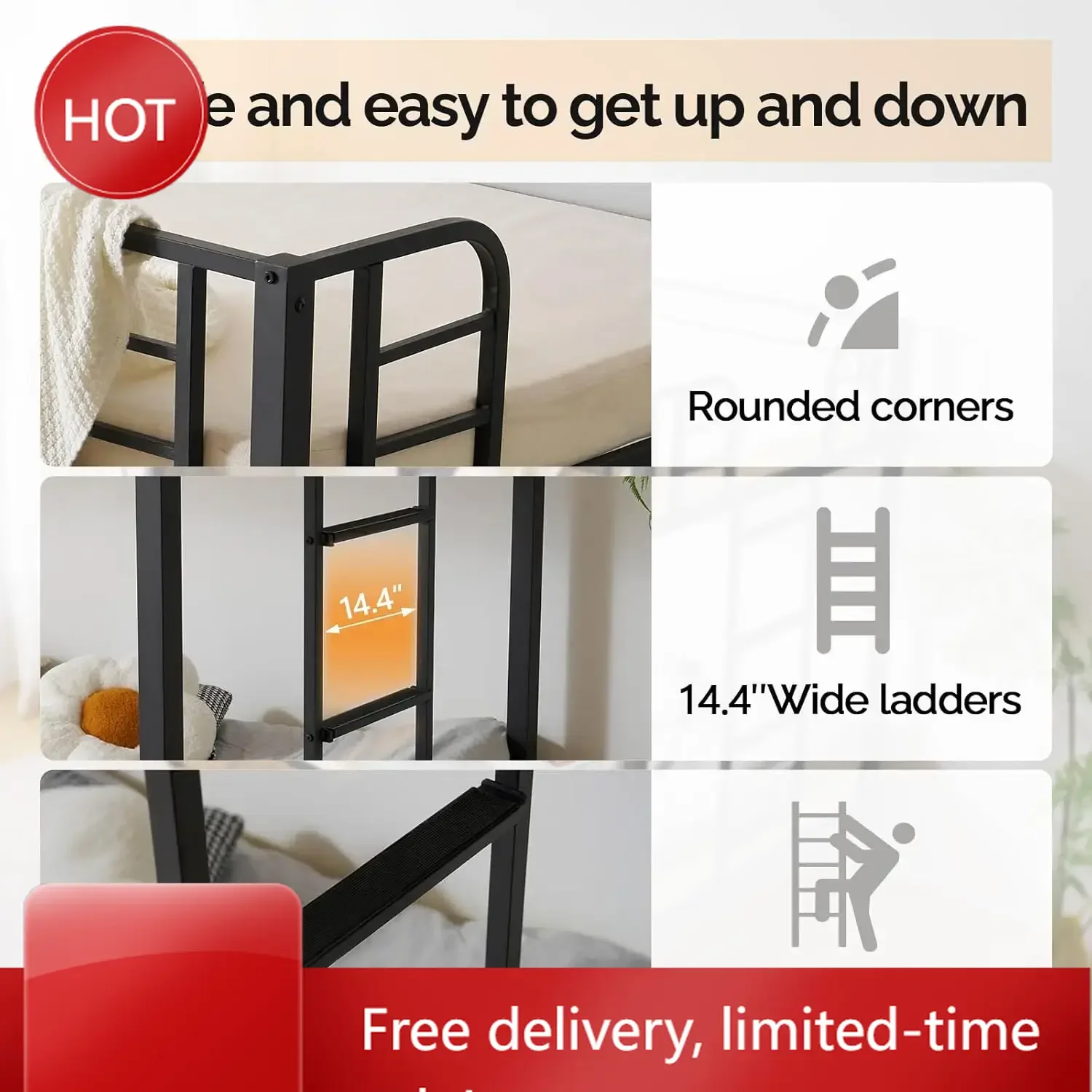 

Metal Bunk Bed Frame Twin Over Twin with LED Lights, Non-Slip Ladder, Full Length Guardrail, Charging Station, for Kids, Teens