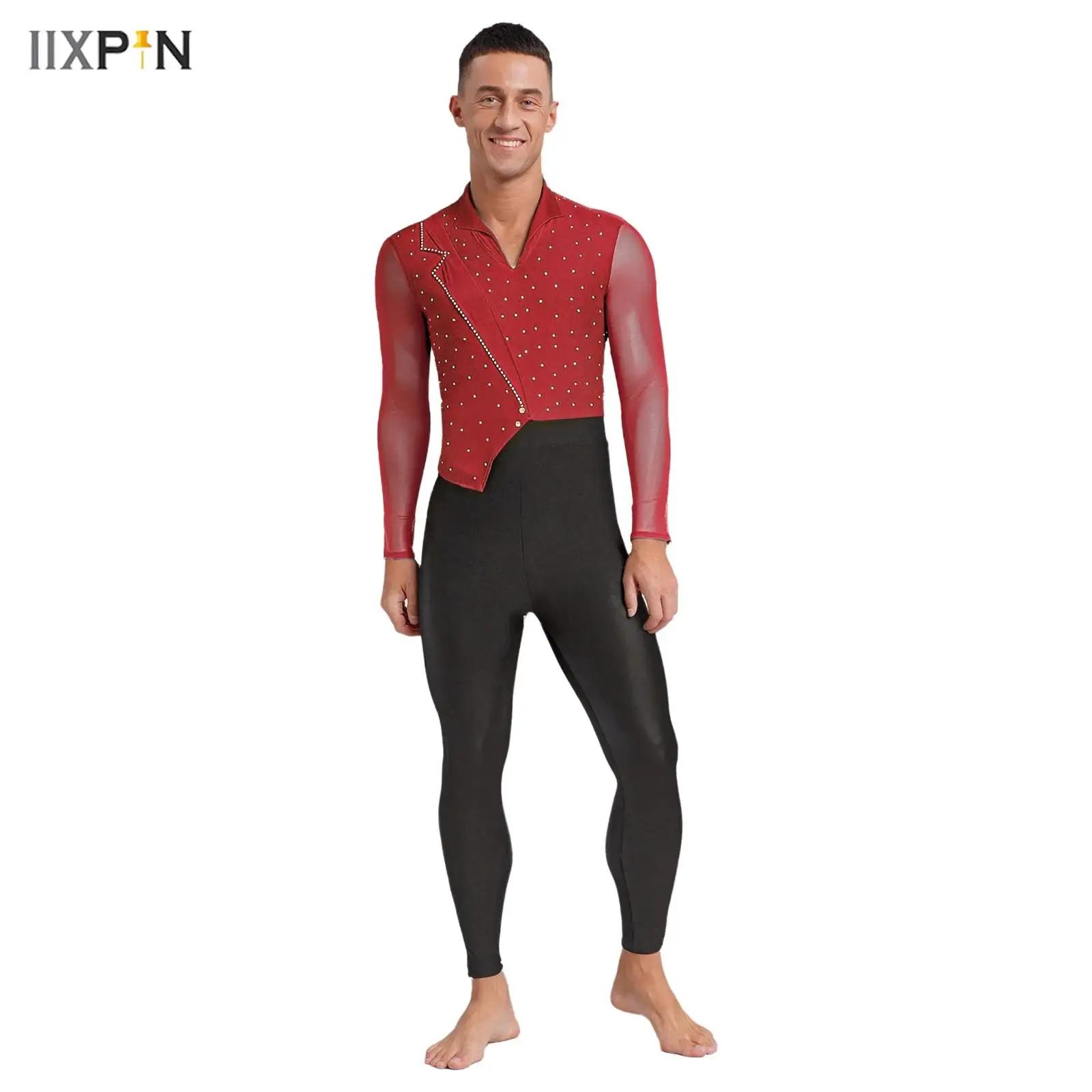 

Men's Jazz Latin Dance Jumpsuit Fashion Asymmetrical Sheer Mesh Long Sleeves Rhinestones Color Block Bodysuit for Competition