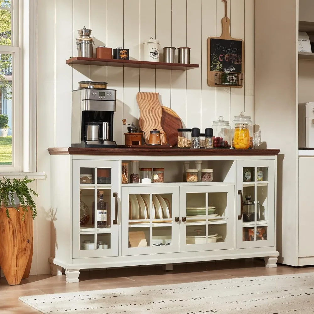 

Large Sideboard Buffet Cabinet with Storage, Vintage White Farmhouse 60" Wide Credenza Accent Cabinets with Glass Doors & Wood L
