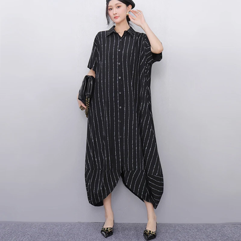 New 2025 Summer Woman Short-Sleeve Black Striped Shirt Dress Loose Fit Chic Big Size Casual Holiday Irregular Large Robe JKXD017