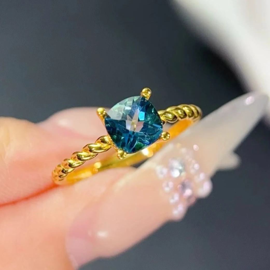 

Natural Topaz Ring 6mm London Blue Topaz Silver Ring with Certificate 18K Gold Plated Genuine 925 Silver Jewelry