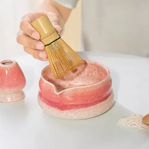 1-4pc Matcha Set Ceramic Matcha Green Tea Chasen Holder Stand Bowl Bamboo Whisk Grinder Brushes Tea Tools Holder Gradient Color