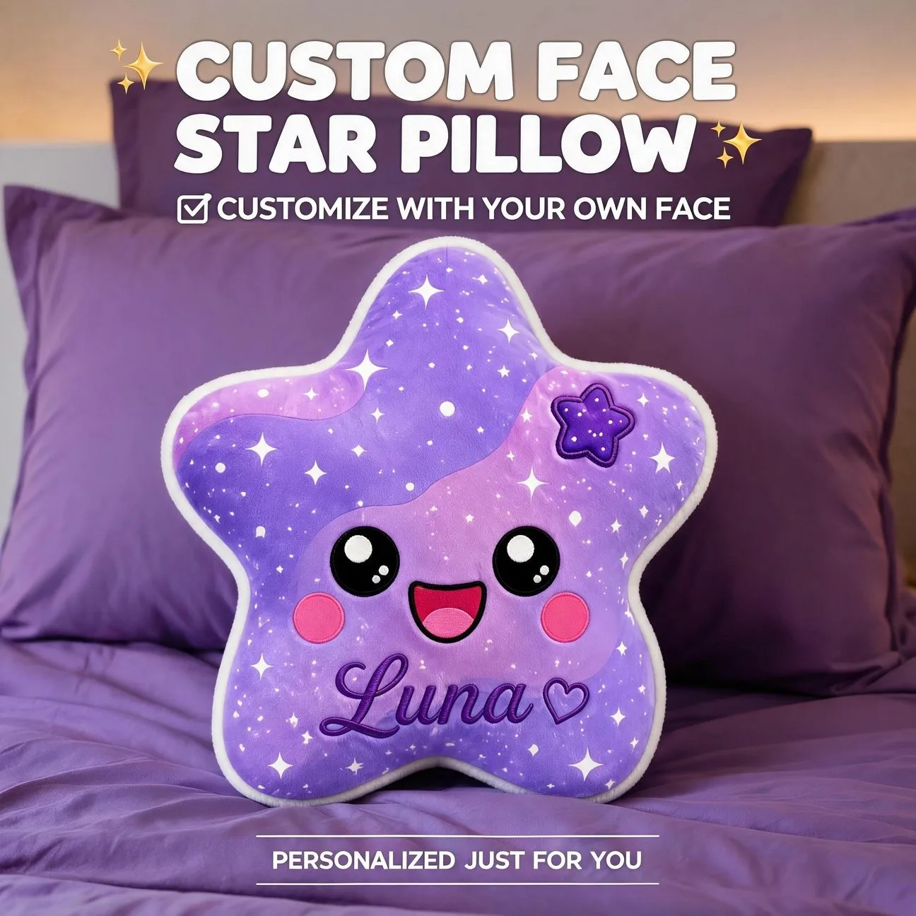 Custom Personalized Photo Star Shaped Pillow, Purple Galaxy Cute Face Decorative Cushion, Unique Home Decor Accent for Sofa Gift