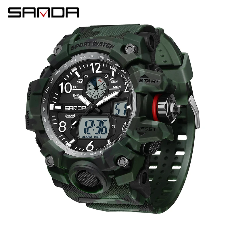 

SANDA Men's Sports LED Digital Watches Dual Display Analog Quartz Wristwatches Waterproof Camouflage Military Army Timing Watch