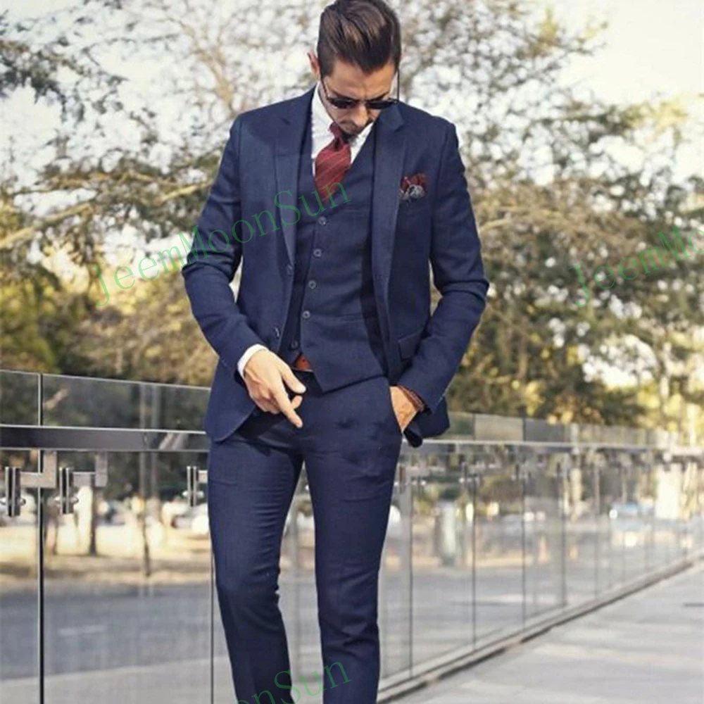 Three Pieces Navy Blue Men Suits Custom Made Two Button Groom Wear Slim Fit Wedding Suits For Men(Blazer+Vest+Pants)