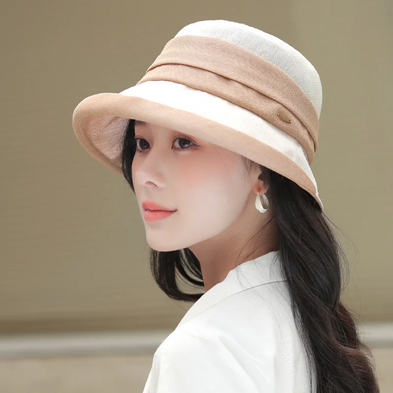 Short brimmed fashionable fisherman hat, solid color summer sunshade hat, artificial pearl decoration, UV resistant women's beac