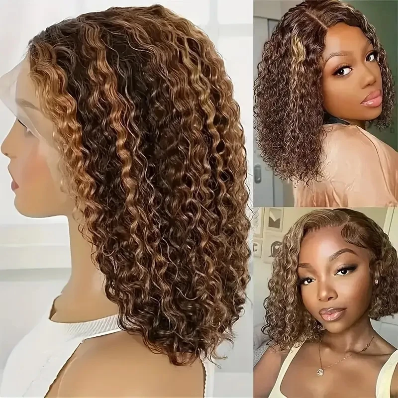 P4/27 Highlight Curly Bob Wigs 250% Density 5x5 Glueless Lace Front Wig Brazilian Human Hair Wigs Ombre Brown Deep Wave Bob Wig
