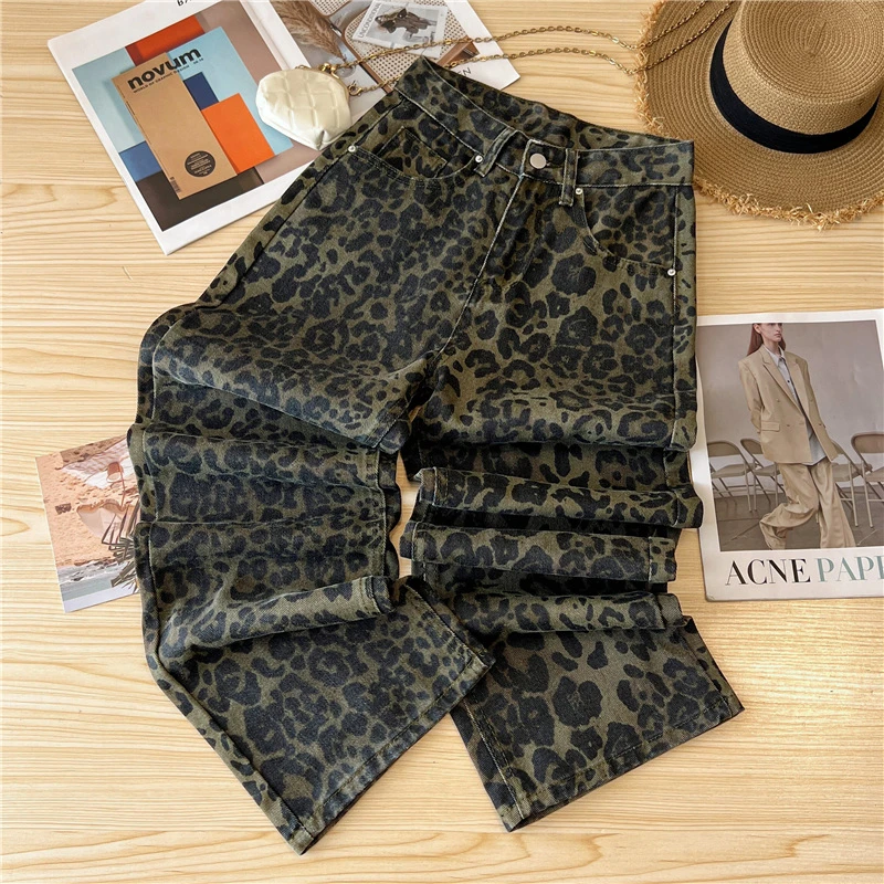 Casual Loose Womens Jeans Retro American Style Leopard Print Design Straight Leg Pants Workwear Fashion Winter  Women's pants