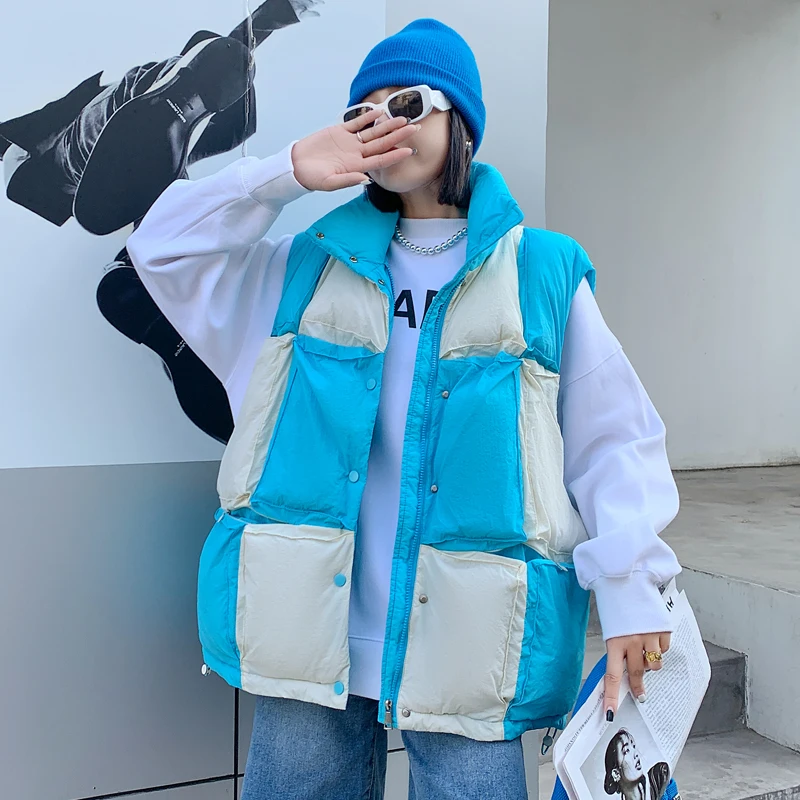 

Streetwear Y2K Style Plaid Down Vest Women Winter Warm And Thic Oversized Short Loose Casual Sleeveless Downcoat
