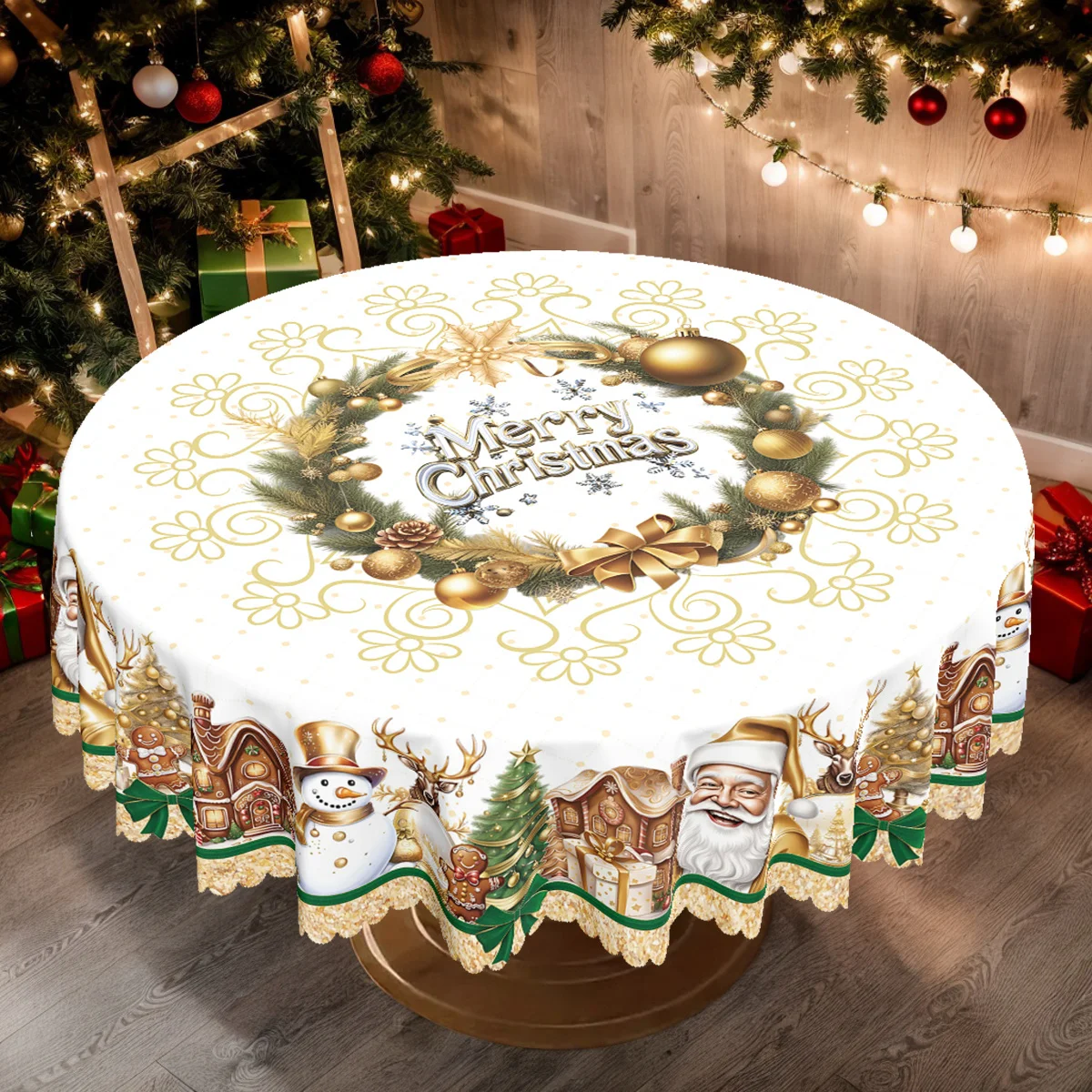 Pack of 1, Merry Christmas Party Tablecloth, Reindeer Santa Snowman Pattern Table Cover, Rectangle/Round, Embossed Edge