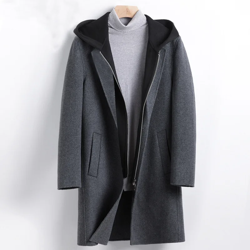 

2024 Young Men's Woolen Coat Medium To Long Detachable Hat Collar Trendy Windbreaker Slim Fit Jacket for Men