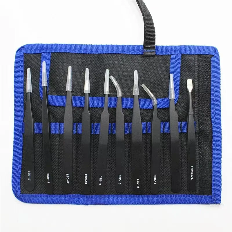 Tweezers Set, 10Pcs Precision Anti-Static Tweezers with Storage Pouch, Stainless Steel Tweezers for Electronics, Jewelry, Craft
