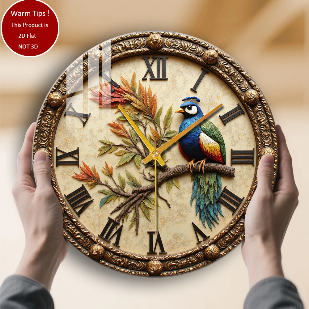 

Настенные часы из закаленного стекла, красочный павлин на ветке, подходят для настенного декора или настольного дисплея в любом месте