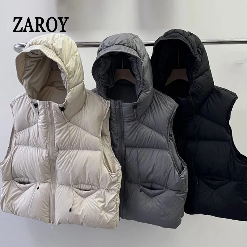 ZAROY Autumn Winter Women's Jackets And Vests Casual Hooded Zipper Pocket Warm Vest Outerwear Cotton Sleeveless Jacket куртка