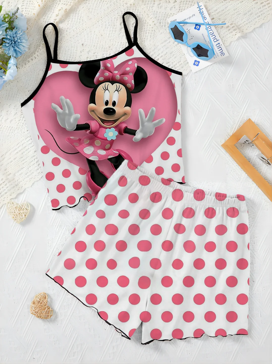 Elegant Women's Sets for Women 2 Pieces Disney Lettuce Trim Minnie Mouse Slip Dress T-shirt Mickey Top Pajama Skirt Short Suit