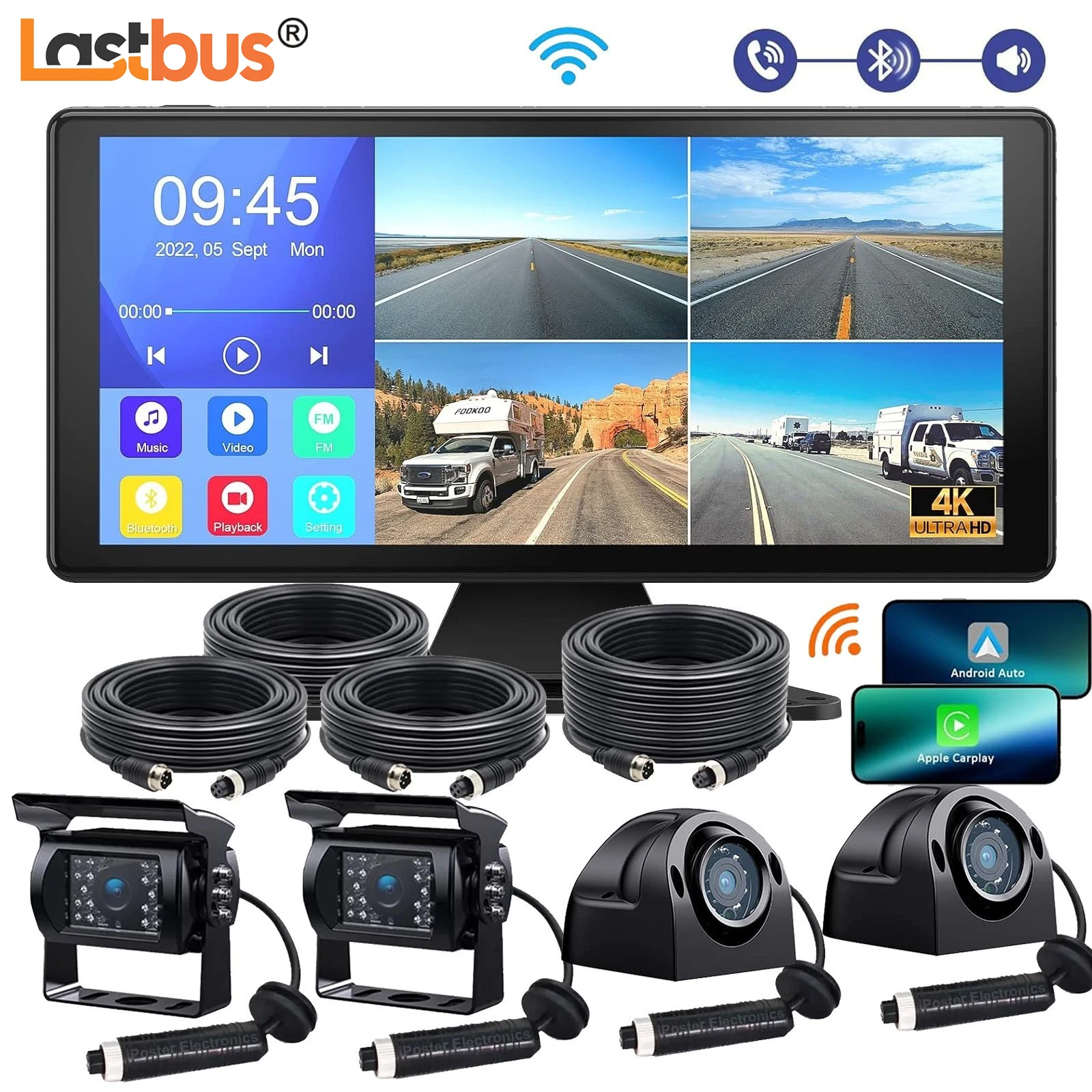 Lastbus 10.36" Wireless Apple CarPlay Quad Split Monitor Touchscreen 4K + Car Stereo Reverse Waterproof Camera For RV Truck