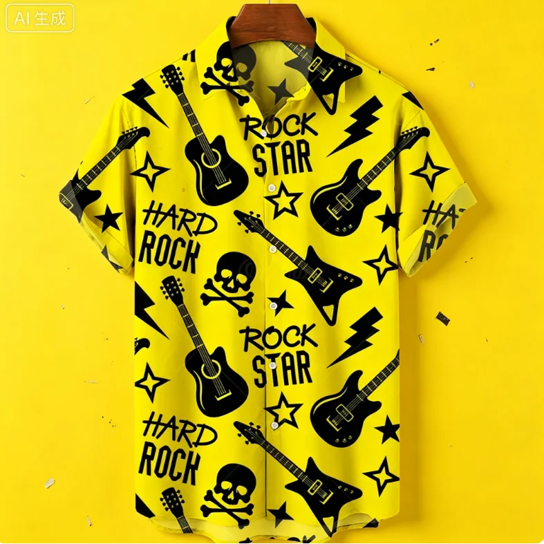 Hawaiian Shirt with Musical Guitar Print for Men, Party Short Sleeve Beach, Hip Hop, Harajuku, Large Size Top
